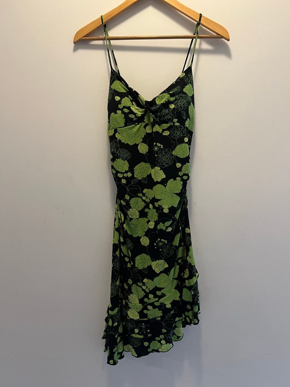 Venus Flamenco Style Summer Dress Asymmetrical Hem Green Black Floral Medium JL